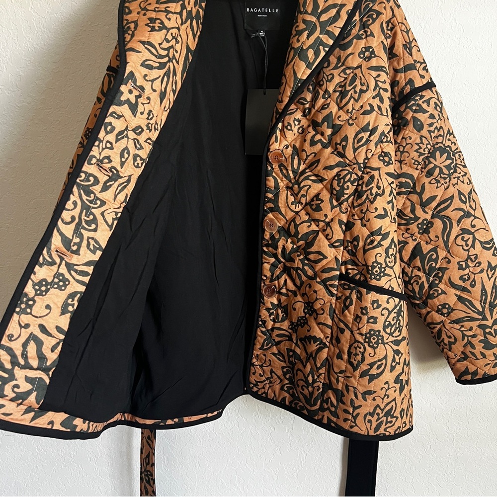 BAGATELLE Quilted Jacket Button Tie Belt Floral Black Camel XL NWT - Picture 6 of 12